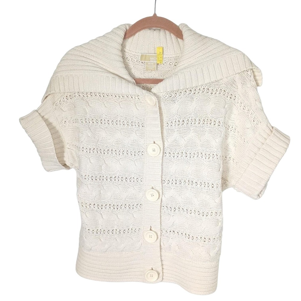 Michael Kors Vintage Womens Cream Cable Knit Short Sleeve Shawl Collar M Cardi - Picture 1 of 10